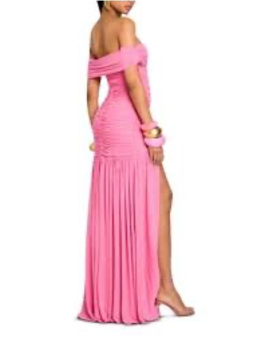 Retrofete Off-Shoulder Pink Ruched Evening Gown with High Slit - Picture 1 of 5